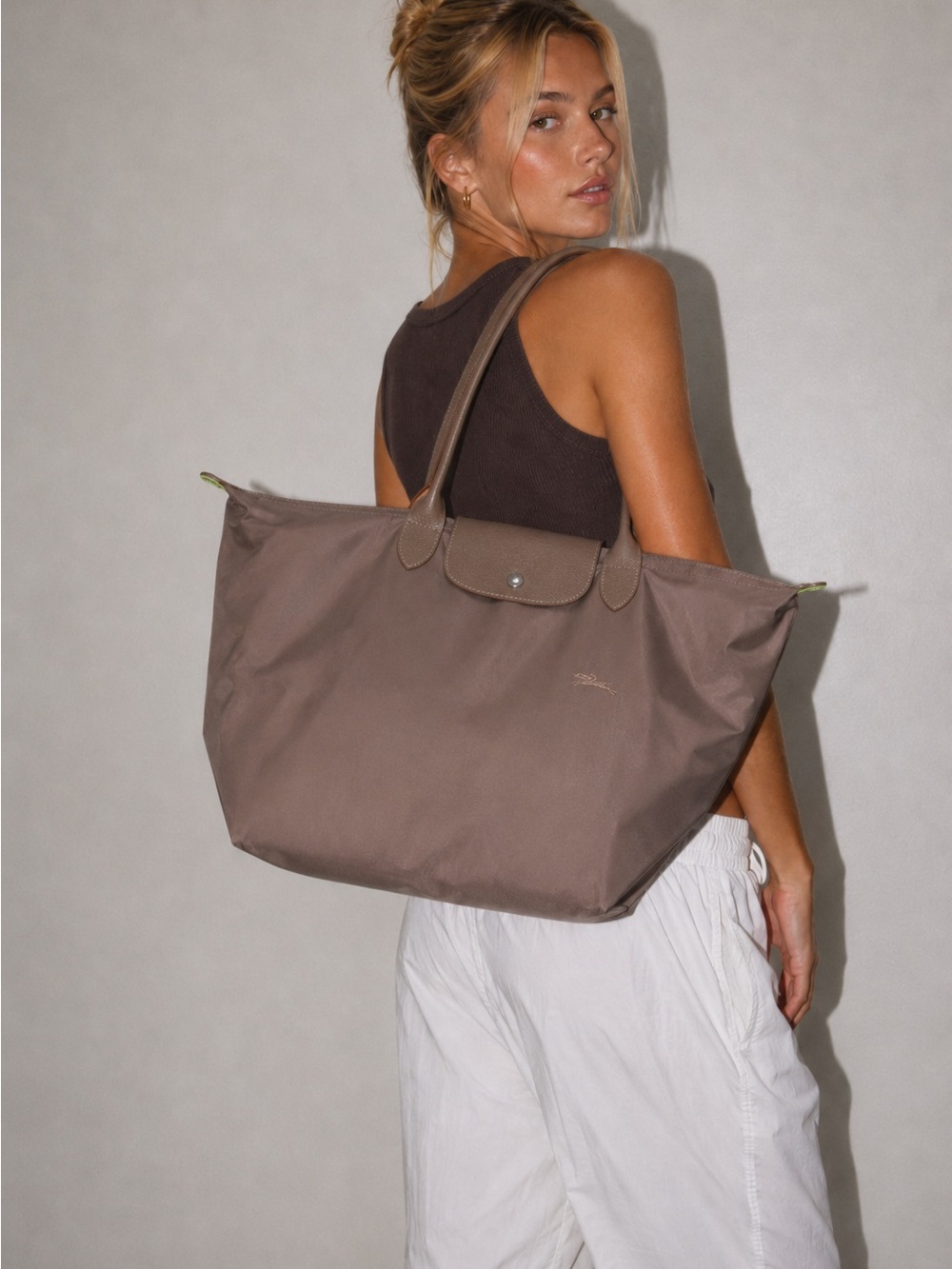 Longchamp Le Pliage Large Tote - Brown/taupe green accent eco bag